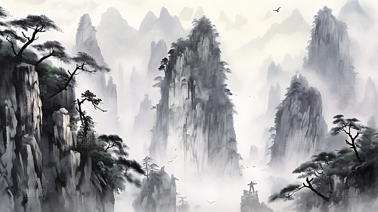 中国风山水水墨风光插画
