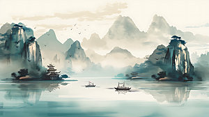 中国风山水手绘风光插画