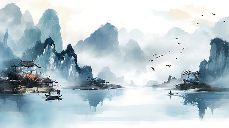 中国风山水水墨国潮插画