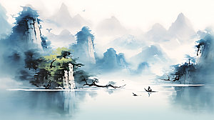 中国风山水手绘国潮插画