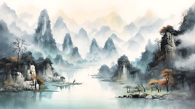 中国风山水国潮水墨插画