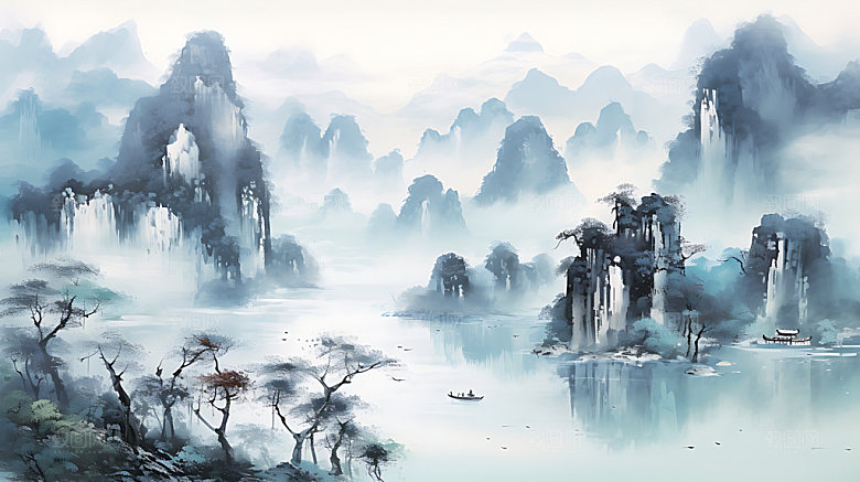 中国风山水晕染国潮插画