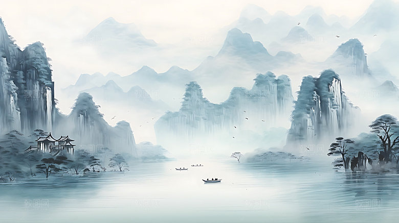 中国风山水国画风光插画