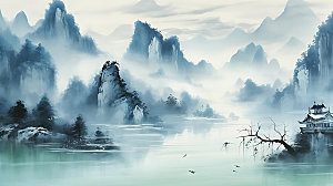 中国风山水国潮手绘插画