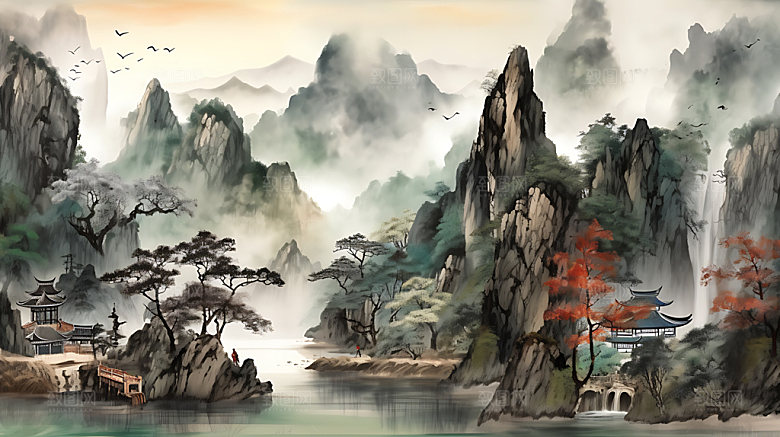 中国风山水国画风光插画