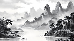 中国风山水晕染风光插画