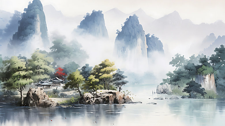 中国风山水风光晕染插画
