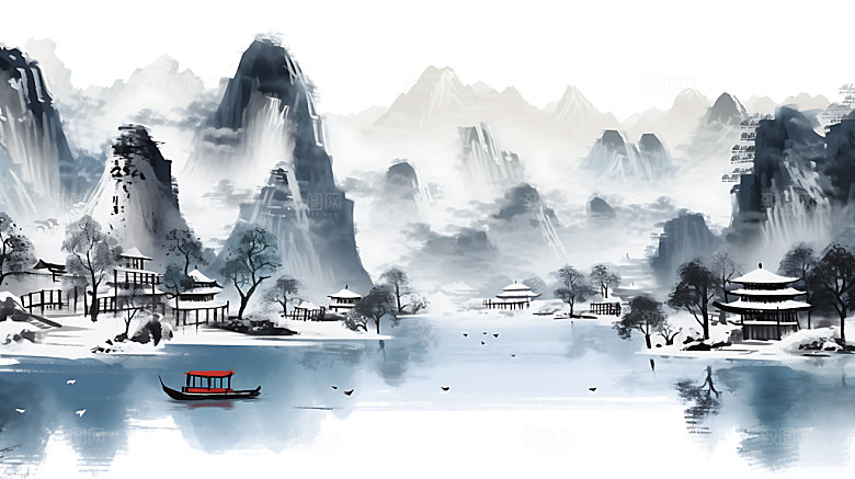 中国风山水风光晕染插画