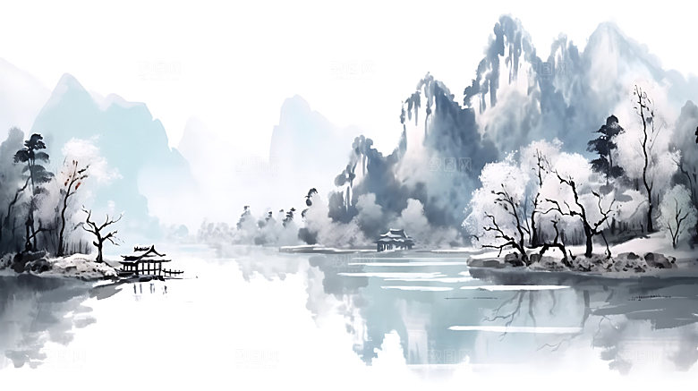 中国风山水国潮国画插画