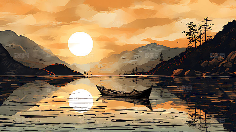 中国风山水国潮手绘插画