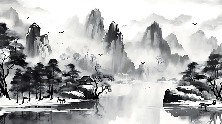 中国风山水传统晕染插画