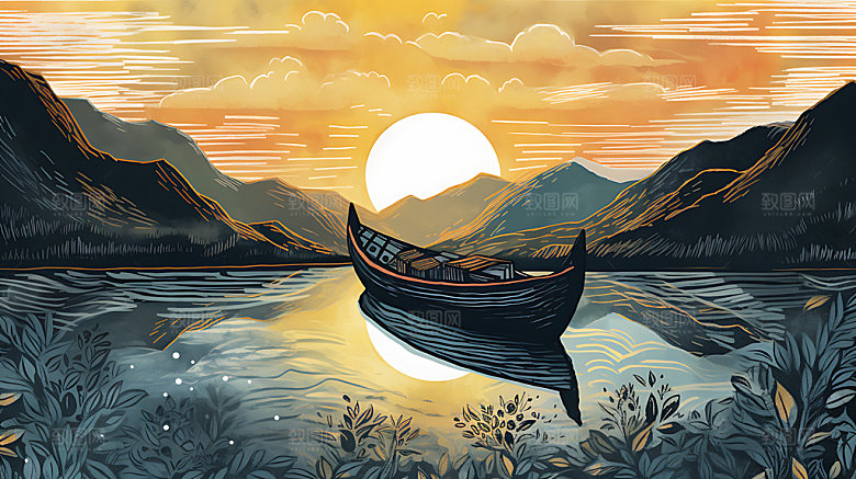 中国风山水国画传统插画