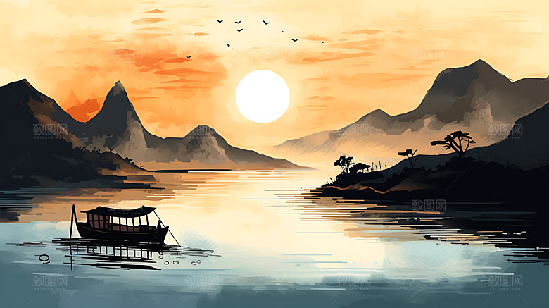 中国风山水水墨晕染插画