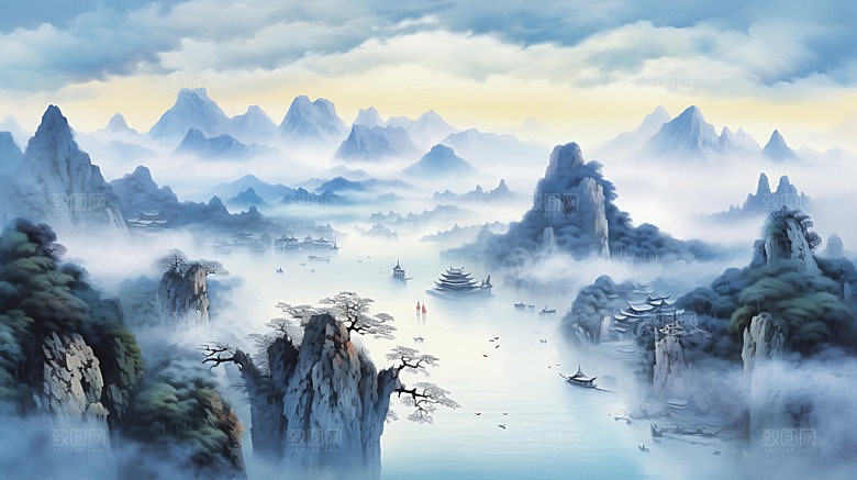 中国风山水水墨风光插画