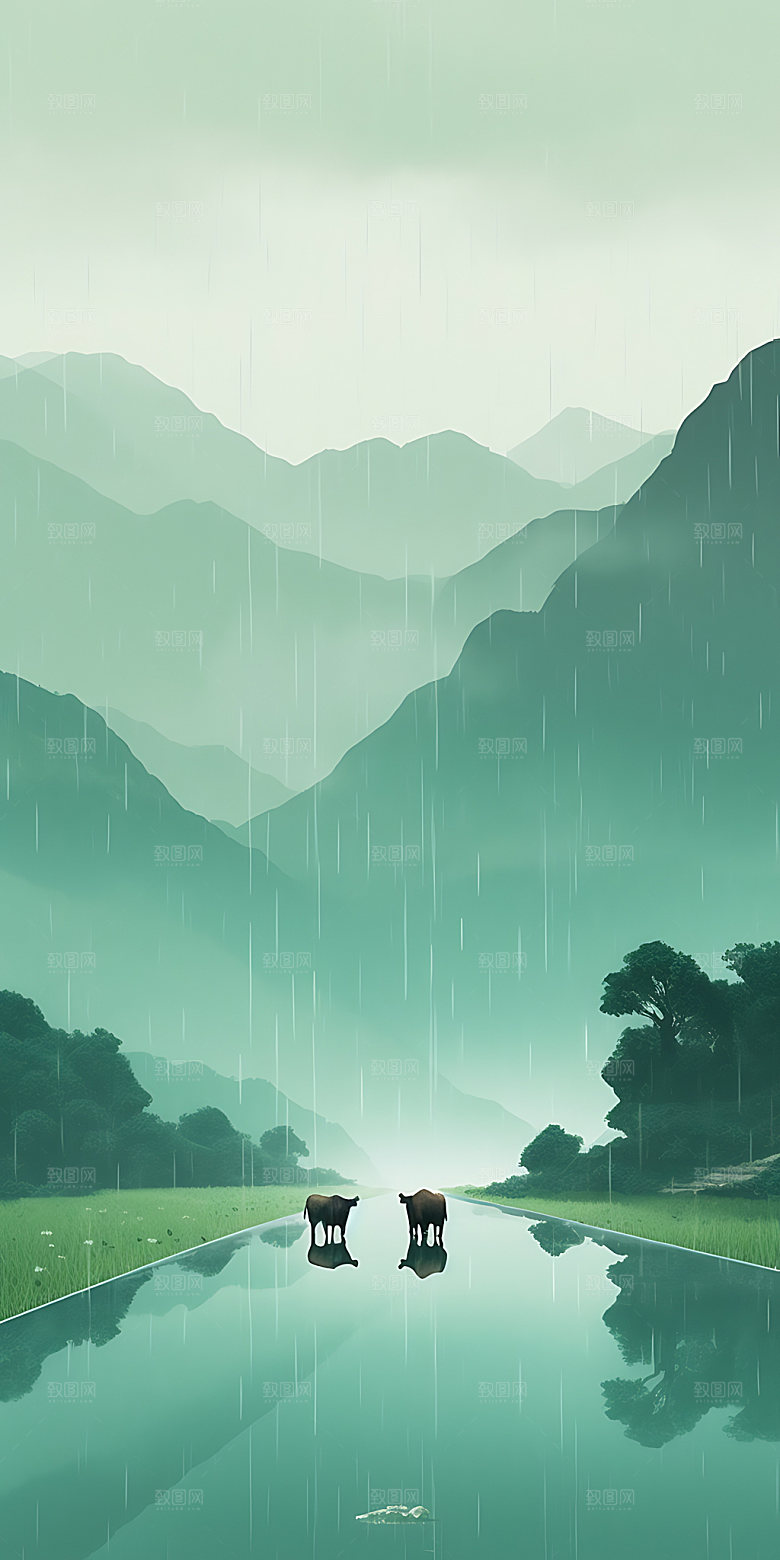 惊蛰手绘绿色插画