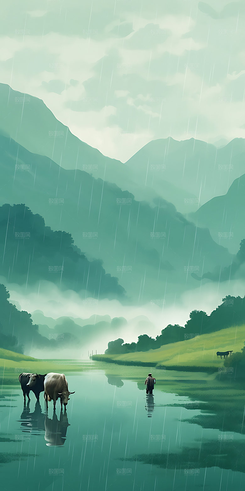惊蛰风光山水插画