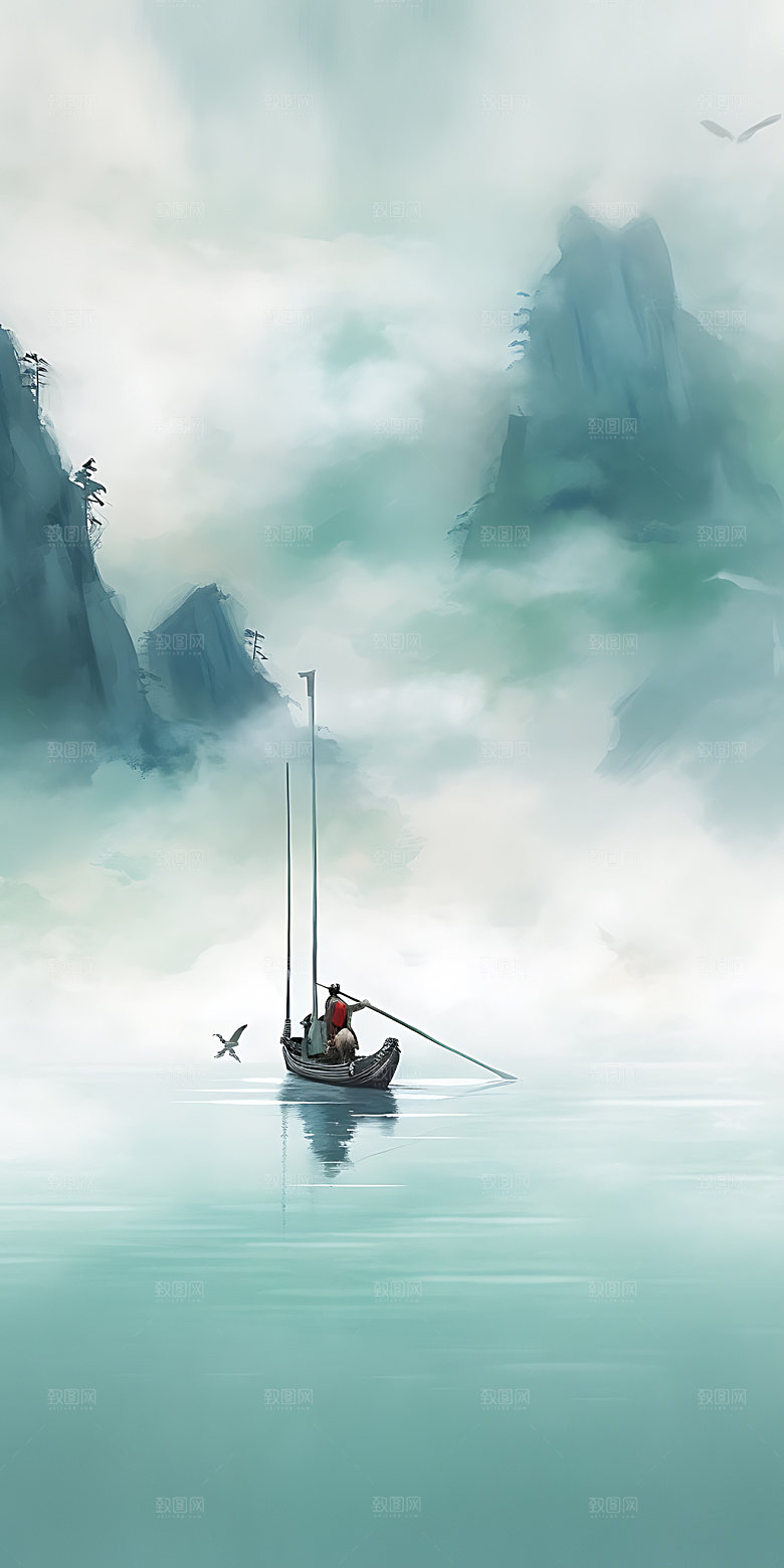 惊蛰山水绿色插画