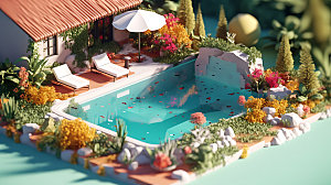 水上乐园海边3D插画