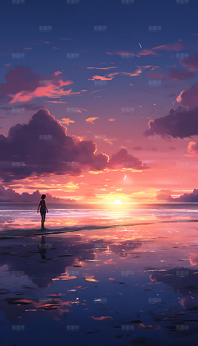 油画海边彩色风光插画