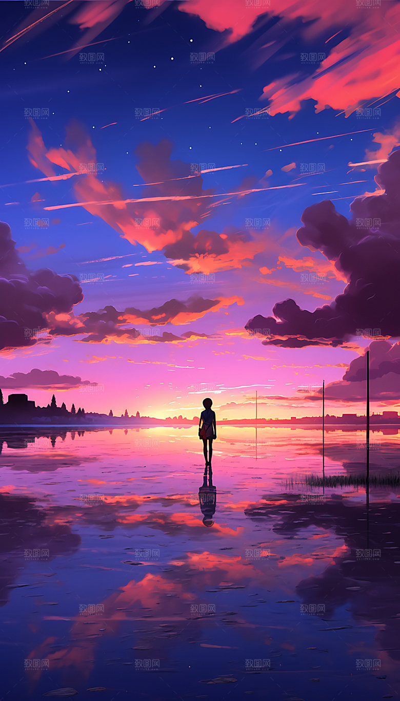 油画海边大海彩色插画