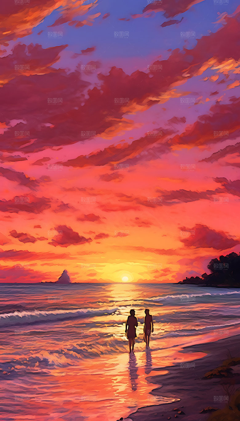 油画海边艺术大海插画