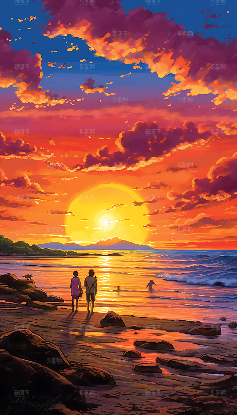 油画海边风光艺术插画