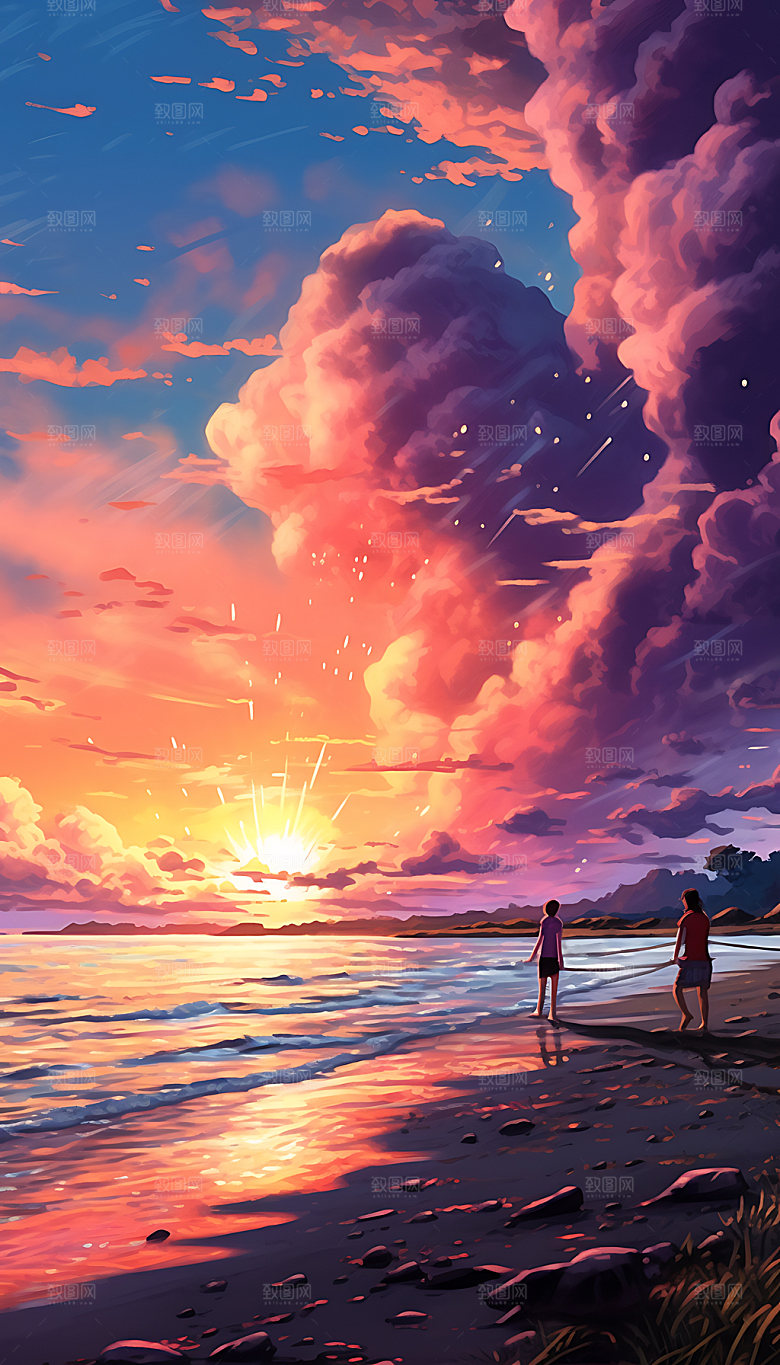 油画海边彩色天空插画