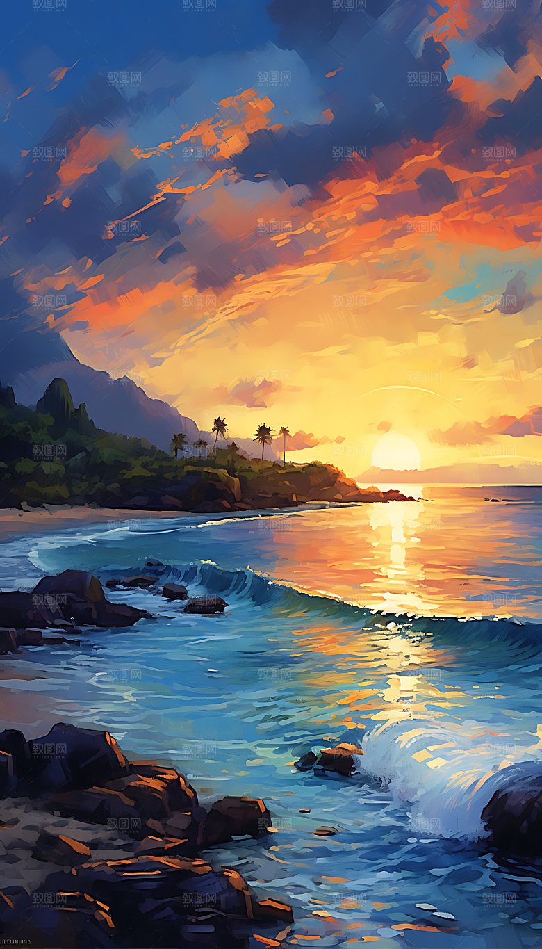 油画海边天空手绘插画