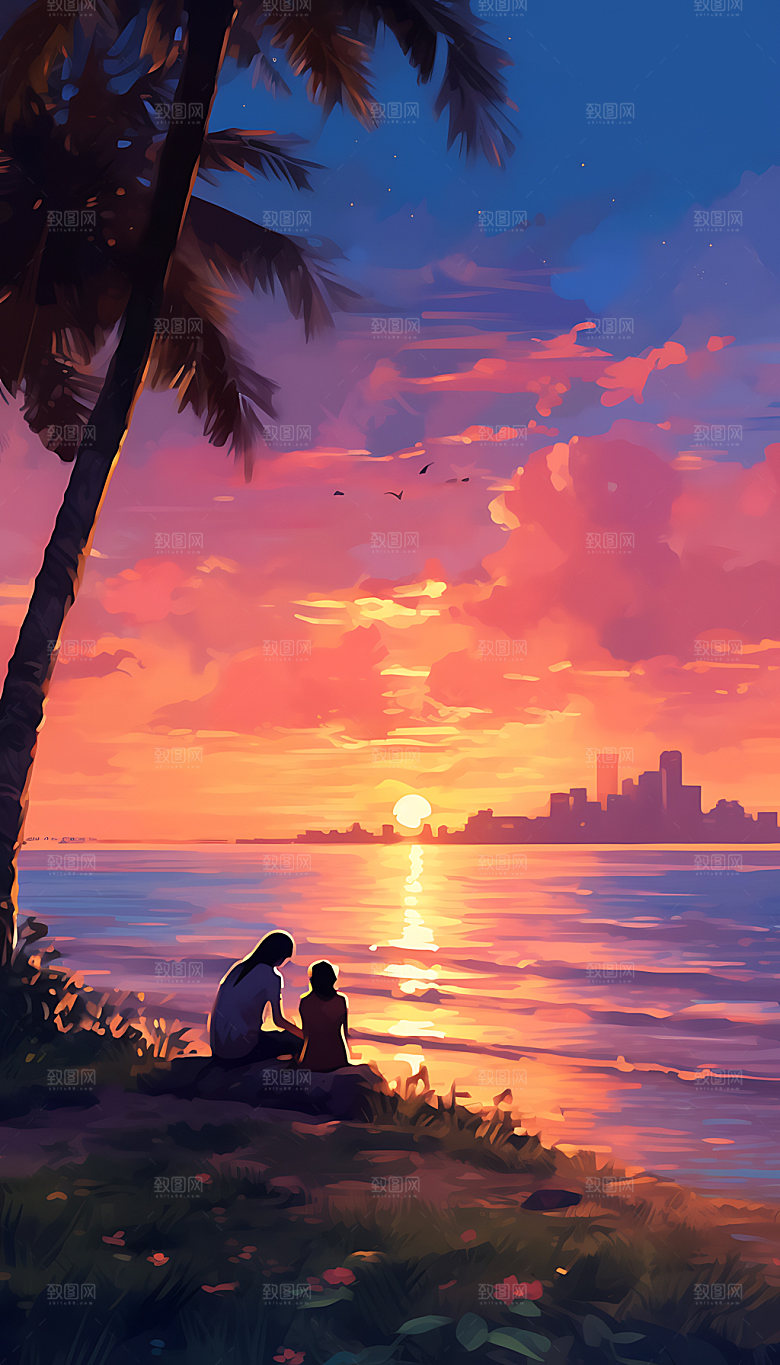 油画海边艺术手绘插画