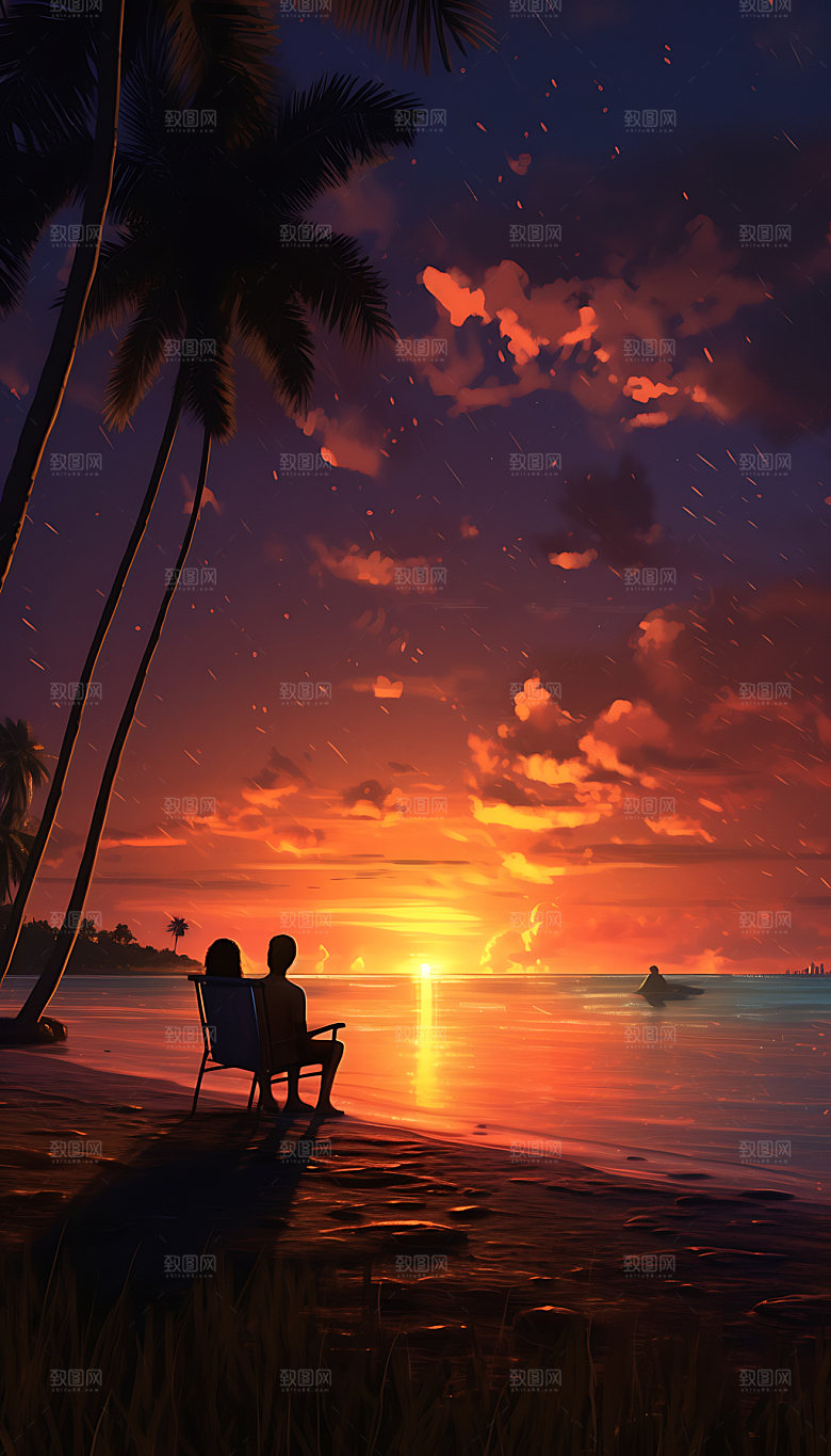 油画海边大海自然插画