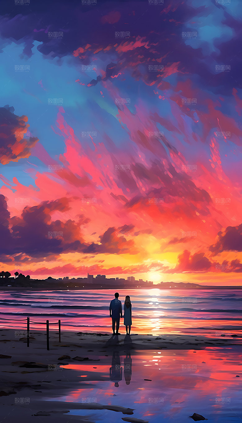 油画海边艺术手绘插画