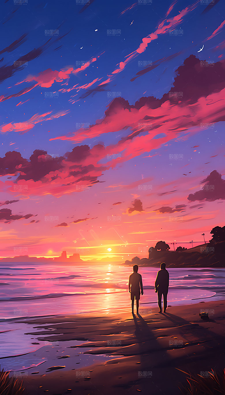 油画海边手绘天空插画