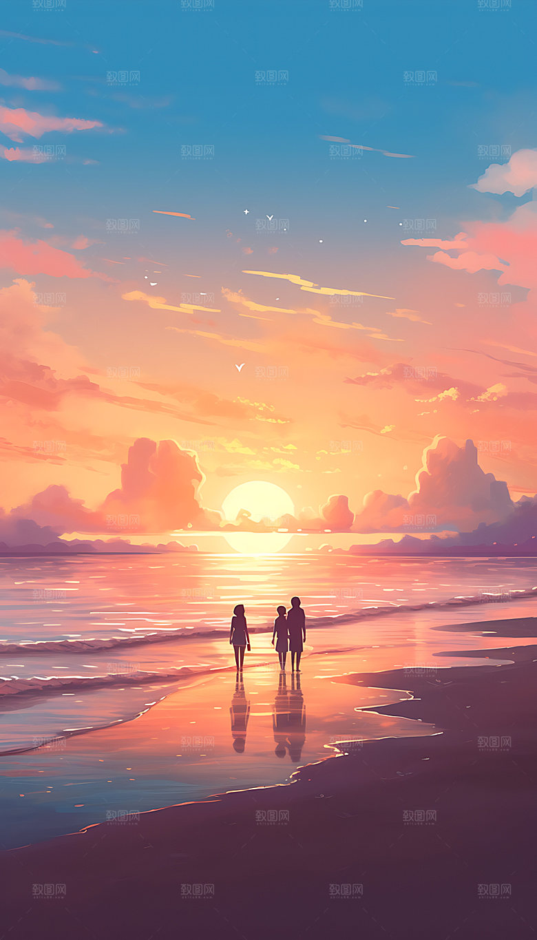 油画海边彩色风光插画