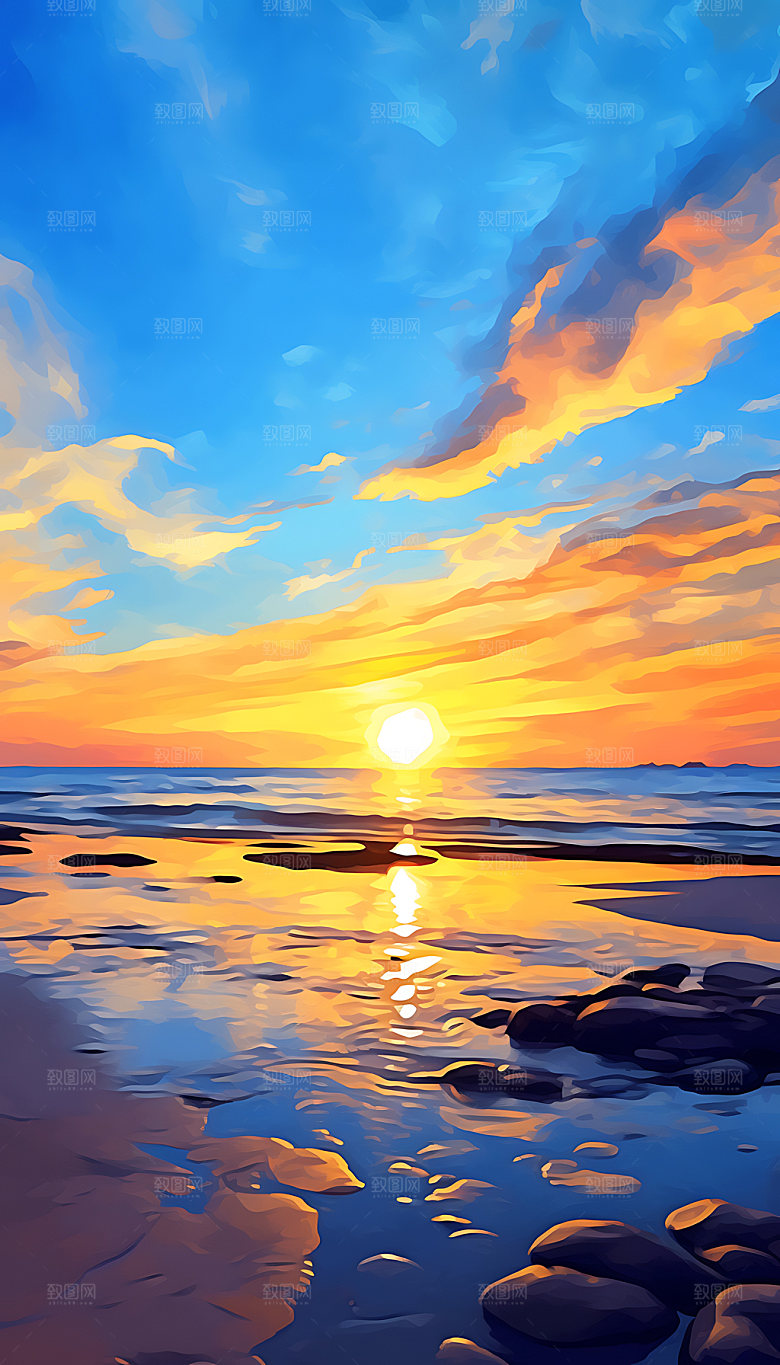 油画海边彩色大海插画