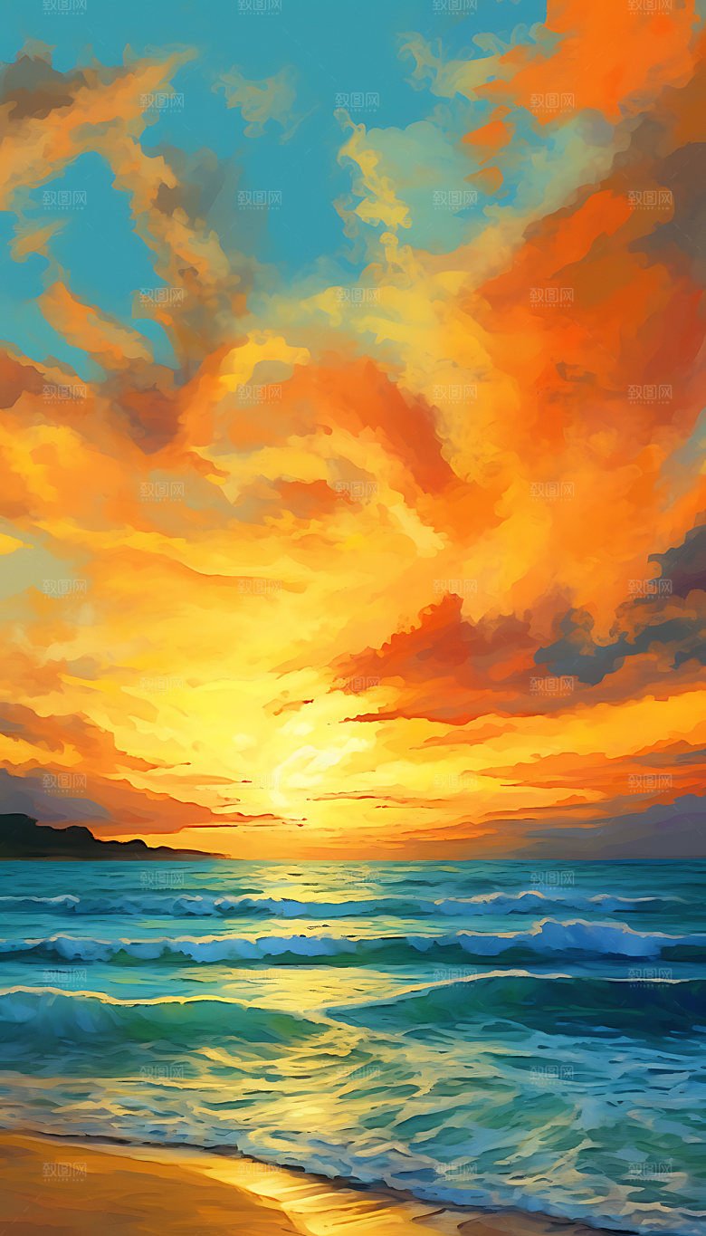 油画海边艺术风光插画