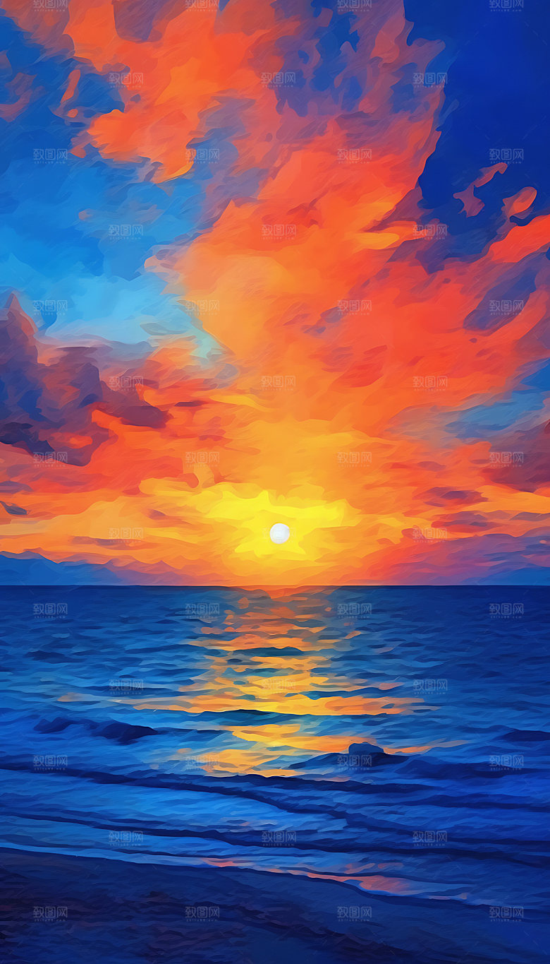 油画海边彩色艺术插画