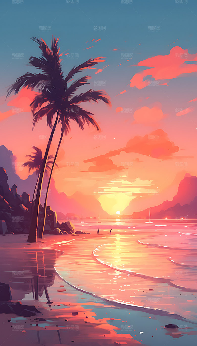 油画海边自然风光插画