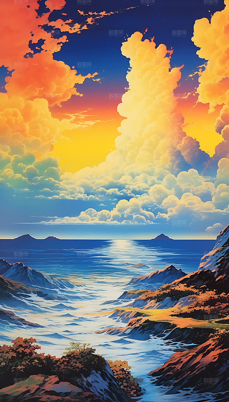 油画海边彩色风光插画
