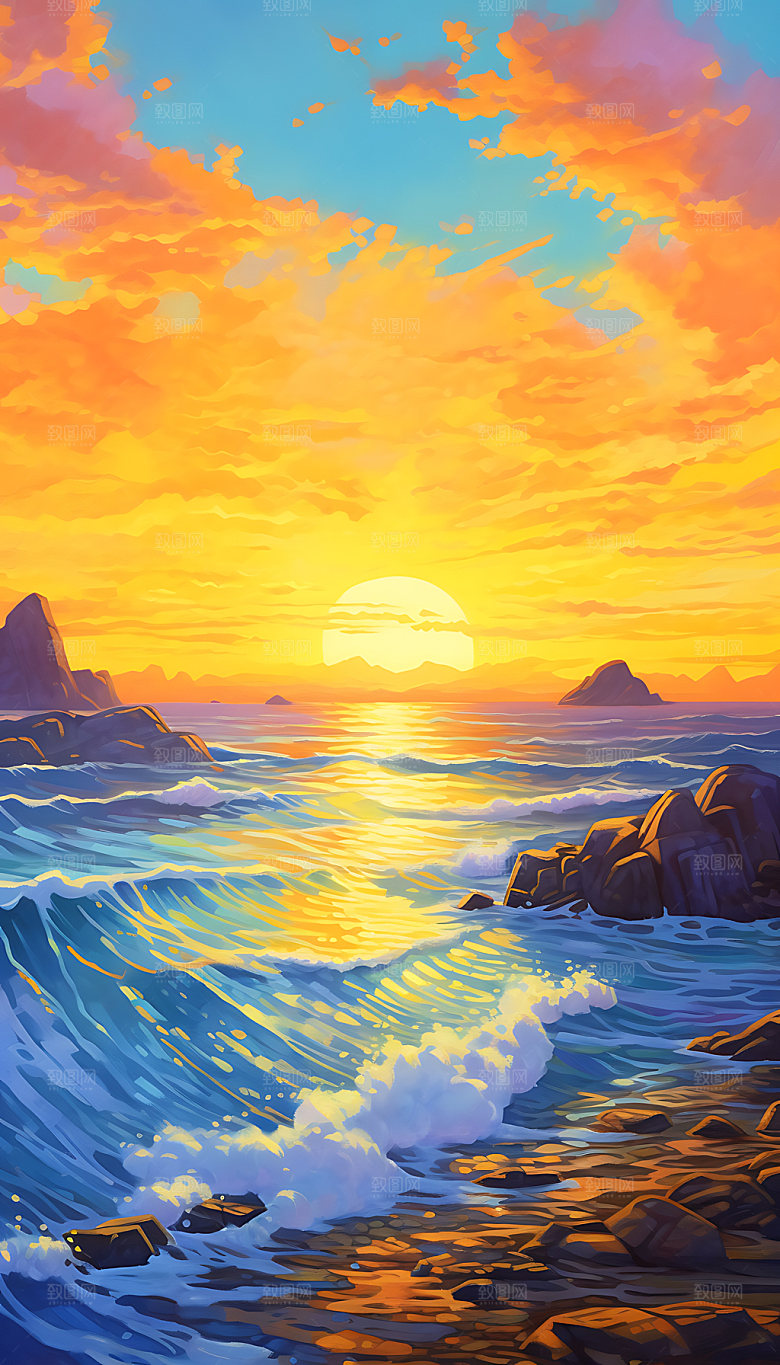 油画海边天空大海插画