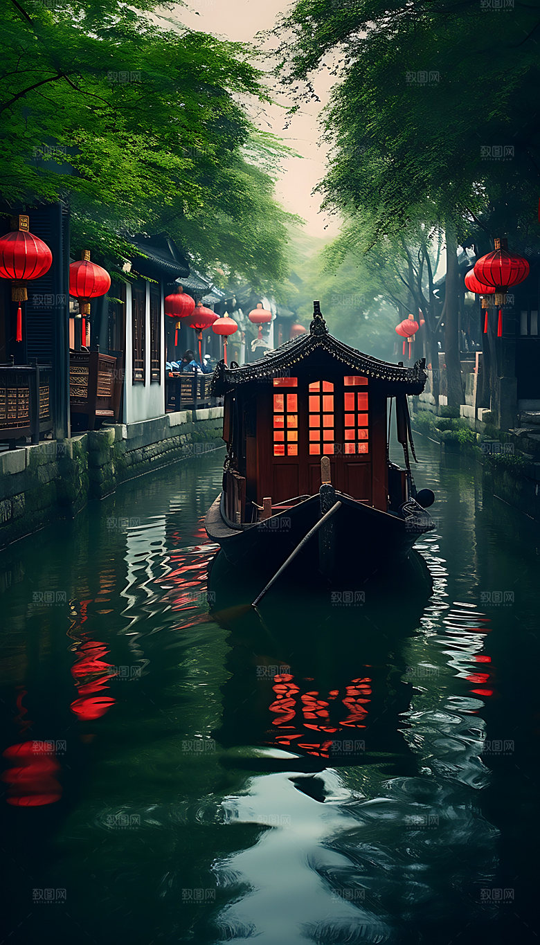 古镇风光中国风插画