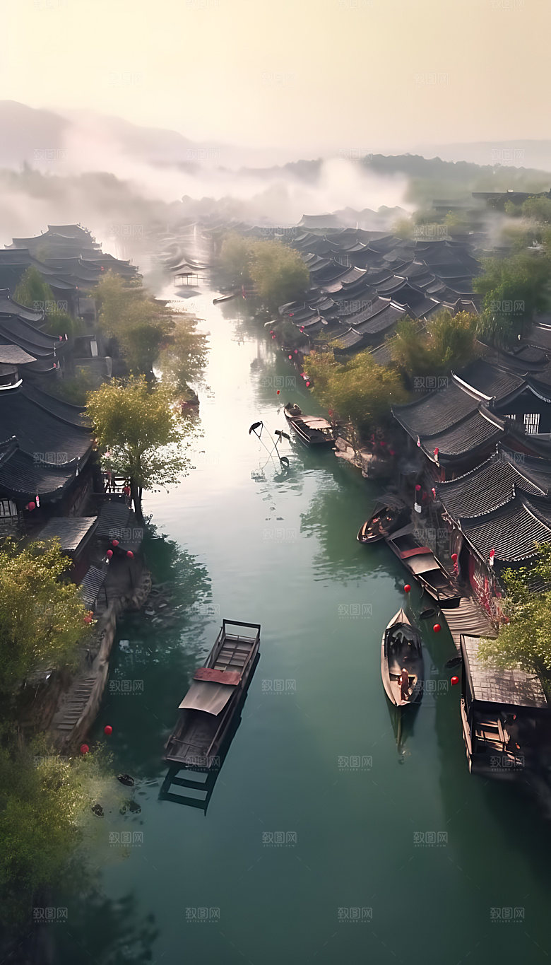 古镇小镇水乡插画