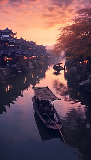 古镇小镇水乡插画