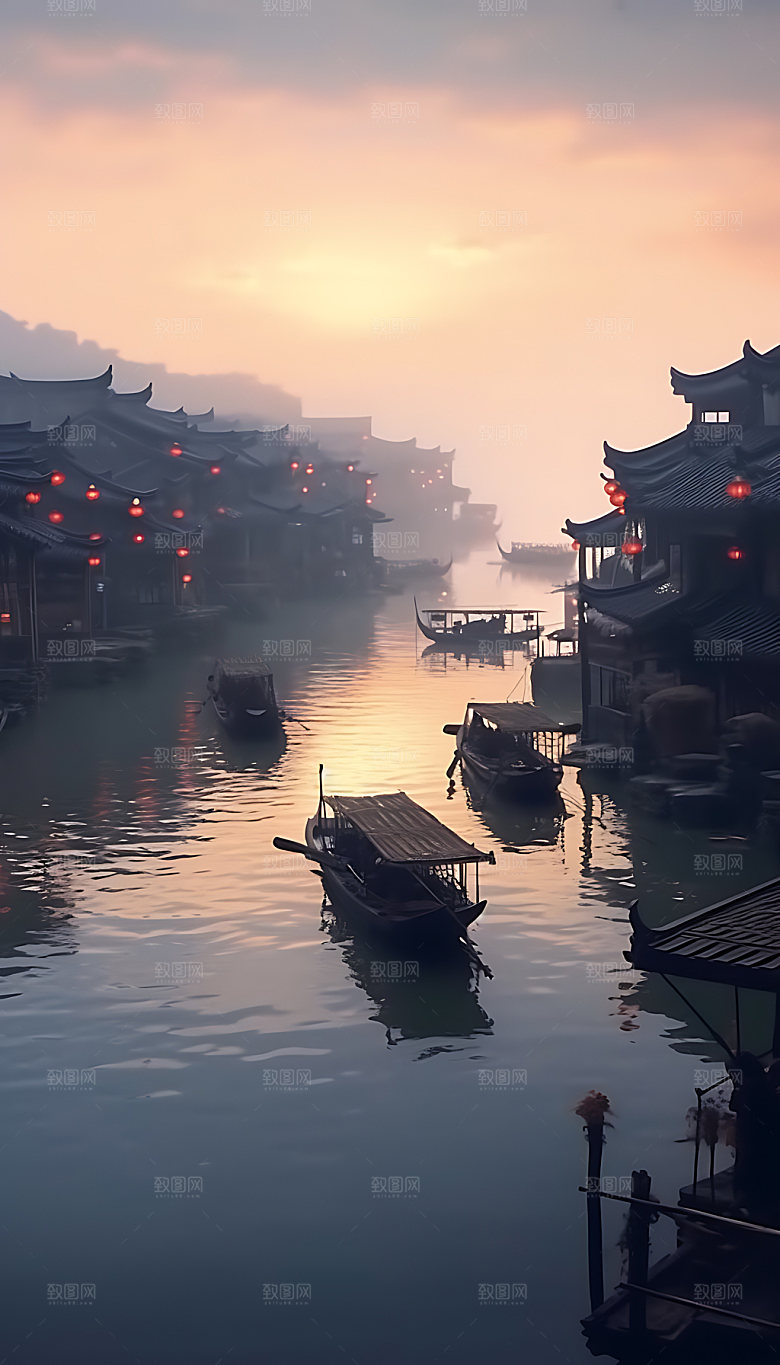 古镇手绘小桥流水插画