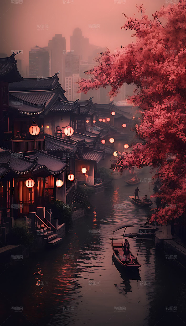 古镇小桥流水风光插画