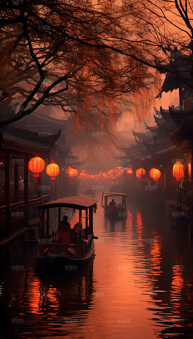 古镇中国风小桥流水插画