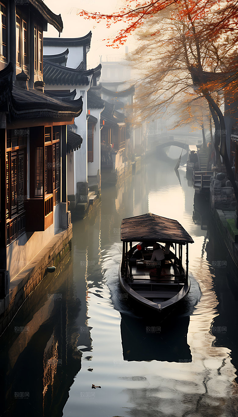 古镇风光江南插画