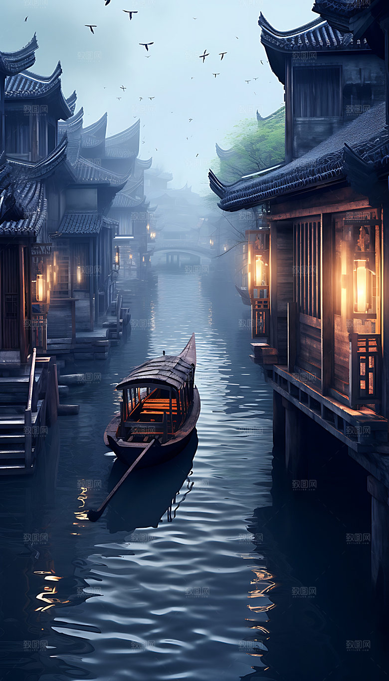 古镇中国风小桥流水插画
