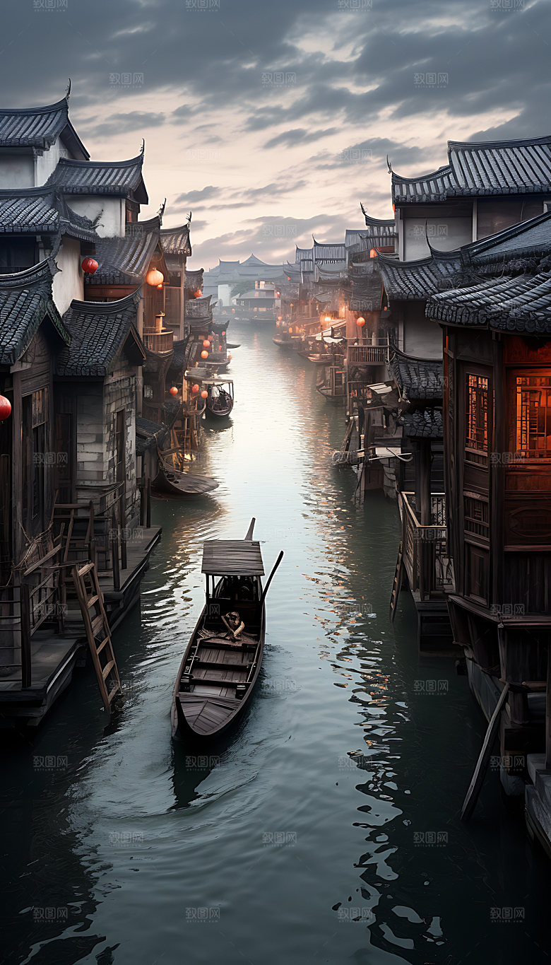 古镇小桥流水风光插画