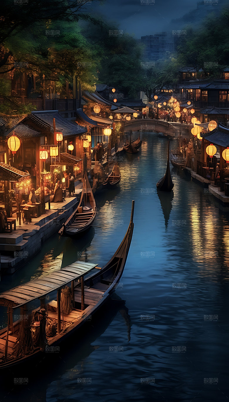 古镇风光中国风插画