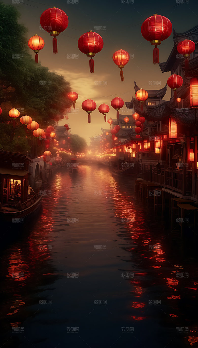 古镇手绘江南插画